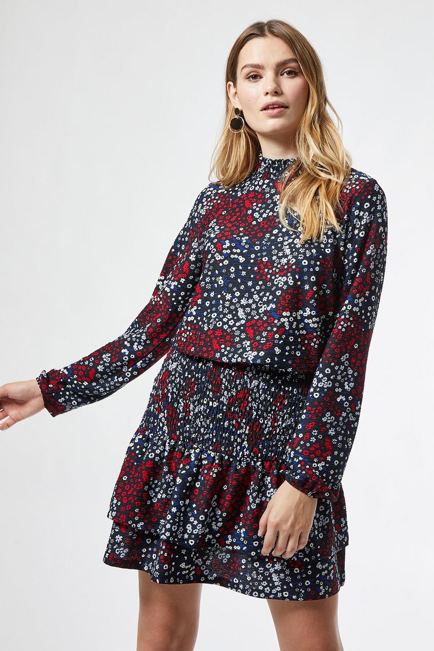 Dorothy Perkins Black Ditsy Print shirred waist mini dress.