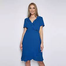 Debenhams Blue plain wrap woven crepe dress.
