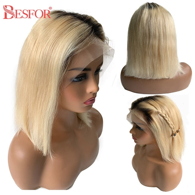 Ombre Bob Wig Lace Front Human Hair Wigs Cheap Short Straight Highlight Blonde Middle Part Brazilian Remy Hair For Black Women